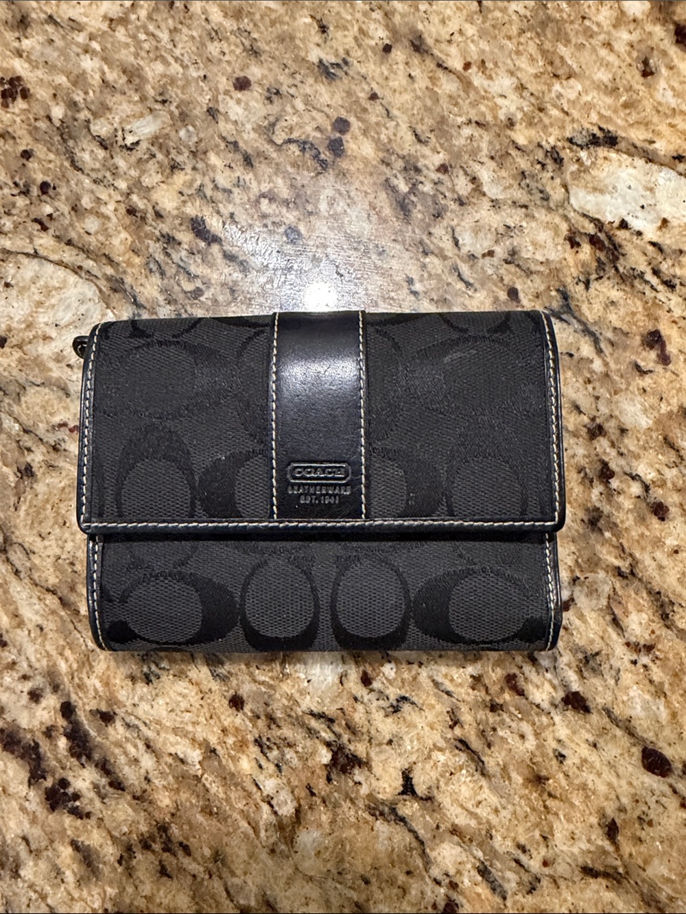 Coach Black Signature Canvas Trifold Wallet with Leather Trim